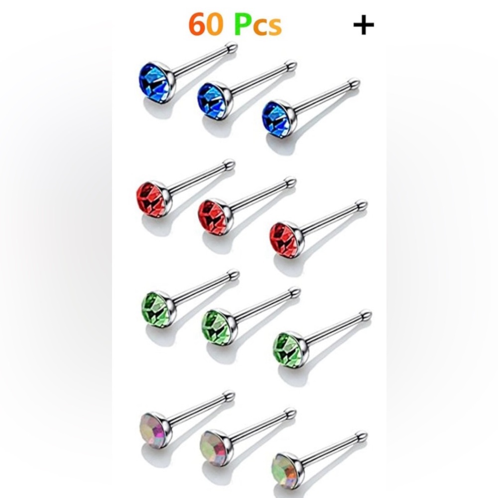 NEW Stainless Steel Multicolor 22g Nose Stud Ring 60 Piece Set